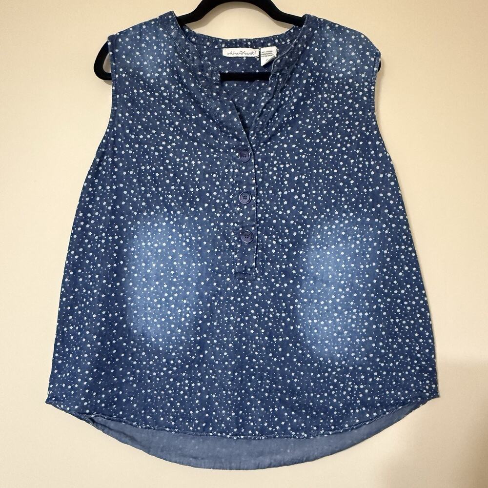 Vtg 90s SIZE XL Keren Hart 100% Cotton Blue Button Sleeveless Blouse Blue Stars
